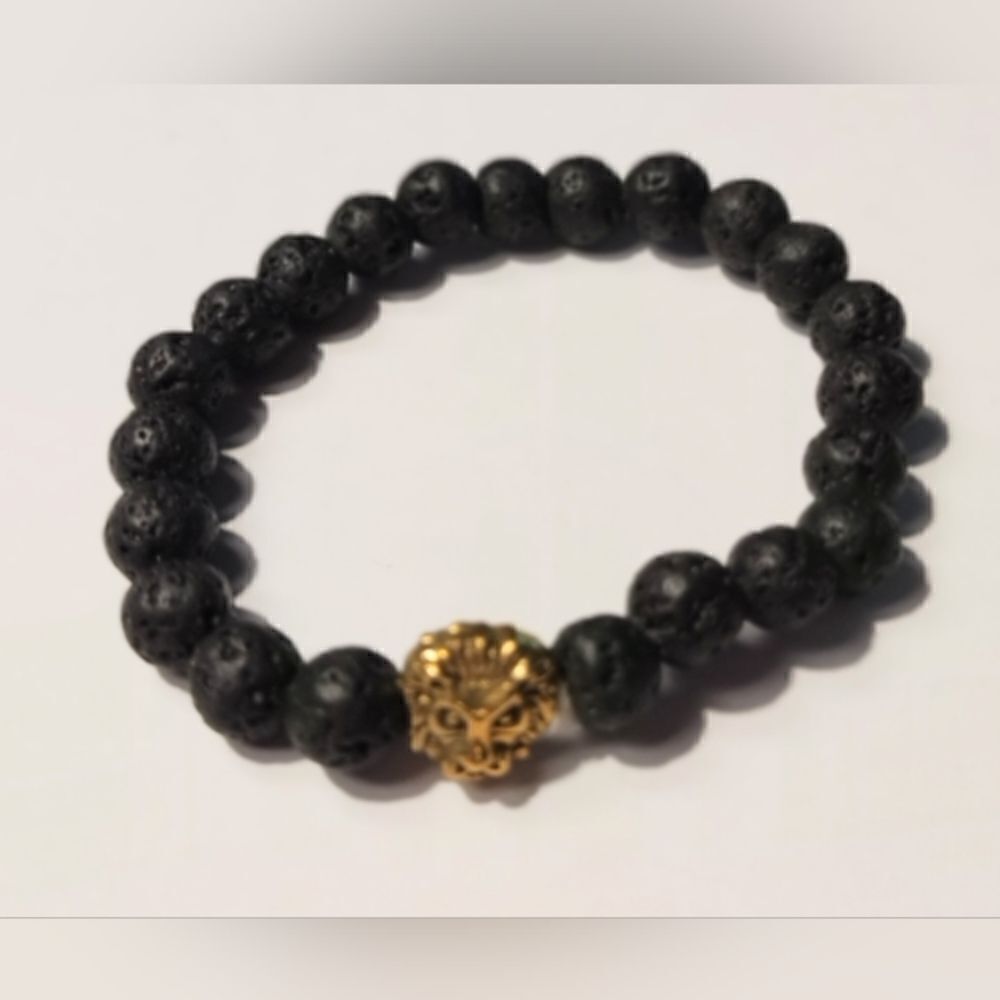 Men's bracelet beaded lava lion black‎ new d85
